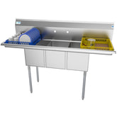 60 in. Three Compartment Stainless Steel Commercial Sink With Drainboards, Bowl Size 12"x 16"x 10" SC121610-12B3.